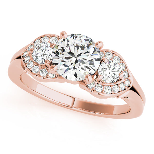 Rose gold ring with a large central diamond and smaller diamonds on the sides against a white background