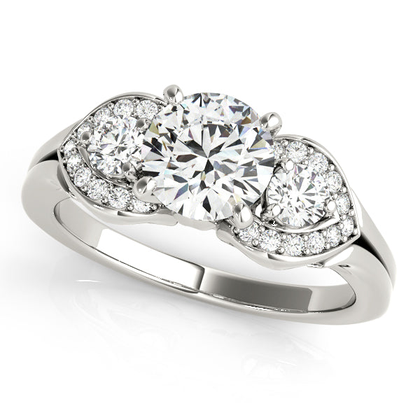 Diamond ring with three circular diamonds on a white background