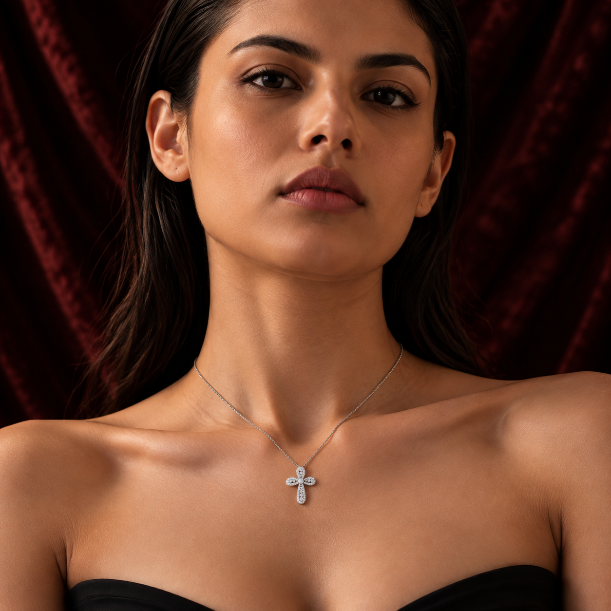 Rounded Bezel & Pavé Diamond Cross Necklace in Gold or Platinum