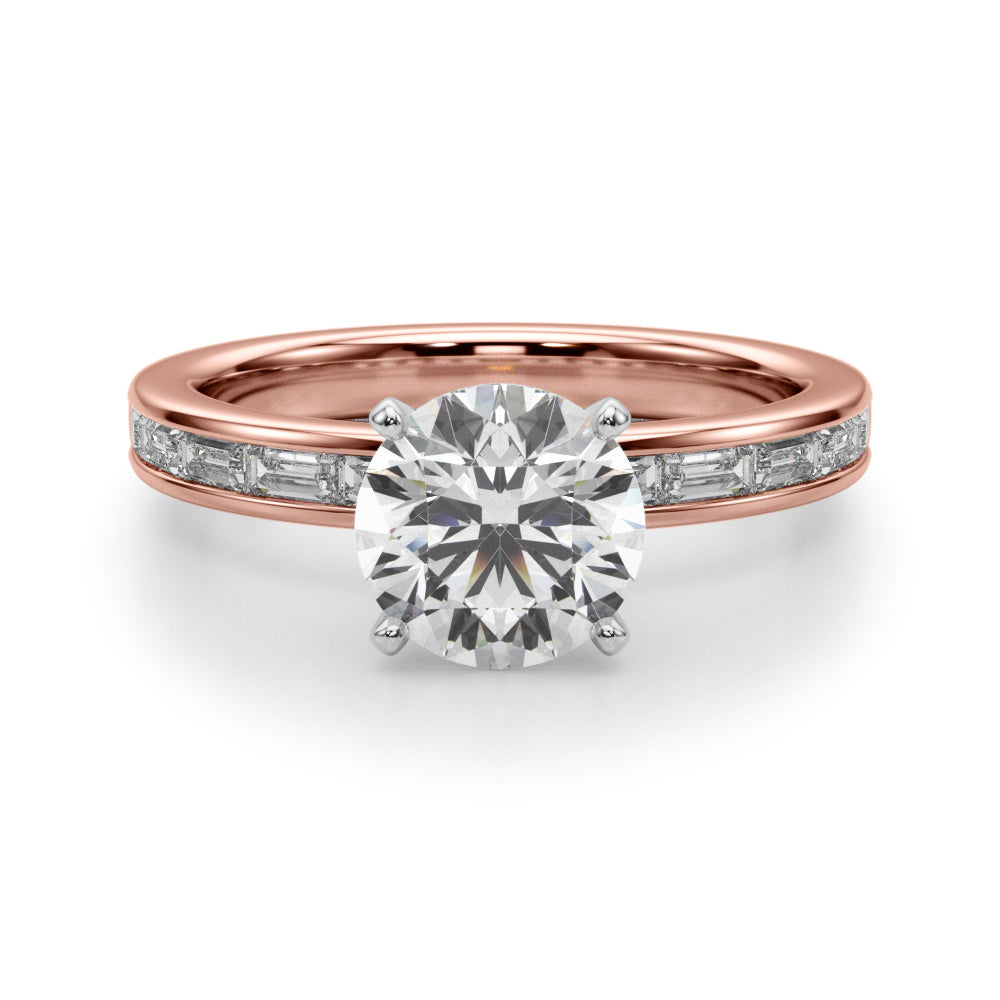 Crowned Straight Baguette Channel Set Round Diamond Engagement Ring — 9K/18K Gold & Platinum