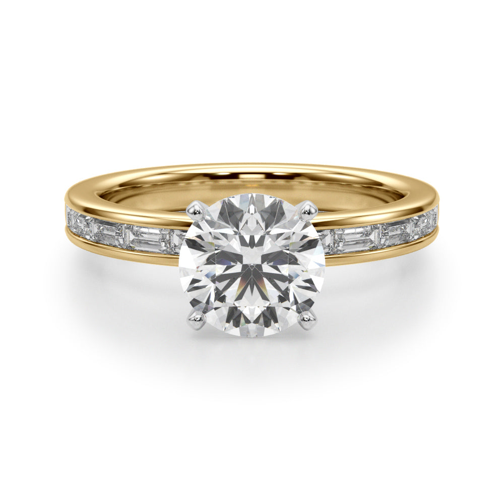 Crowned Straight Baguette Channel Set Round Diamond Engagement Ring — 9K/18K Gold & Platinum