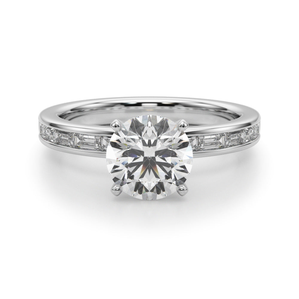 Crowned Straight Baguette Channel Set Round Diamond Engagement Ring — 9K/18K Gold & Platinum