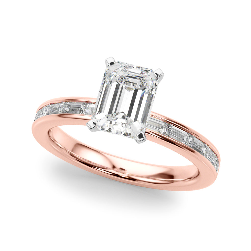 Crowned Straight Baguette Channel Set Round Diamond Engagement Ring — 9K/18K Gold & Platinum