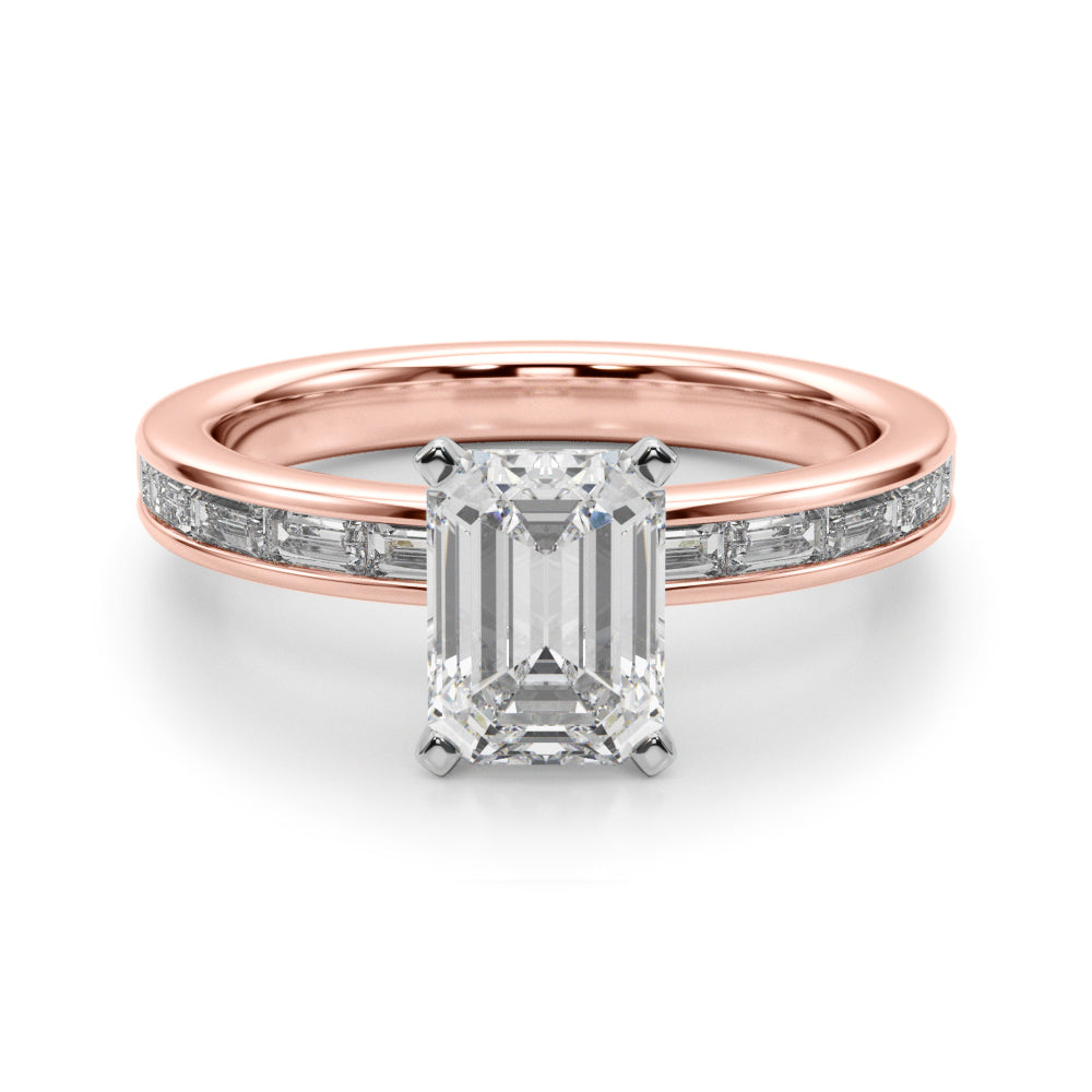 Crowned Straight Baguette Channel Set Round Diamond Engagement Ring — 9K/18K Gold & Platinum