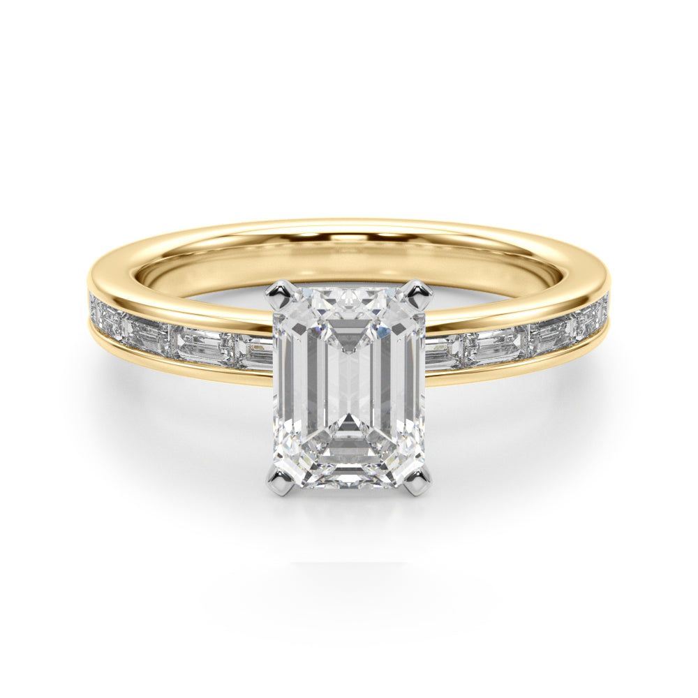 Crowned Straight Baguette Channel Set Round Diamond Engagement Ring — 9K/18K Gold & Platinum