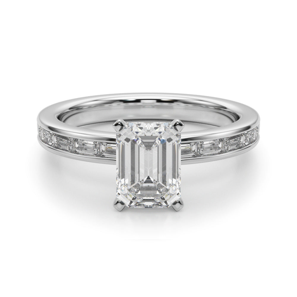 Crowned Straight Baguette Channel Set Round Diamond Engagement Ring — 9K/18K Gold & Platinum