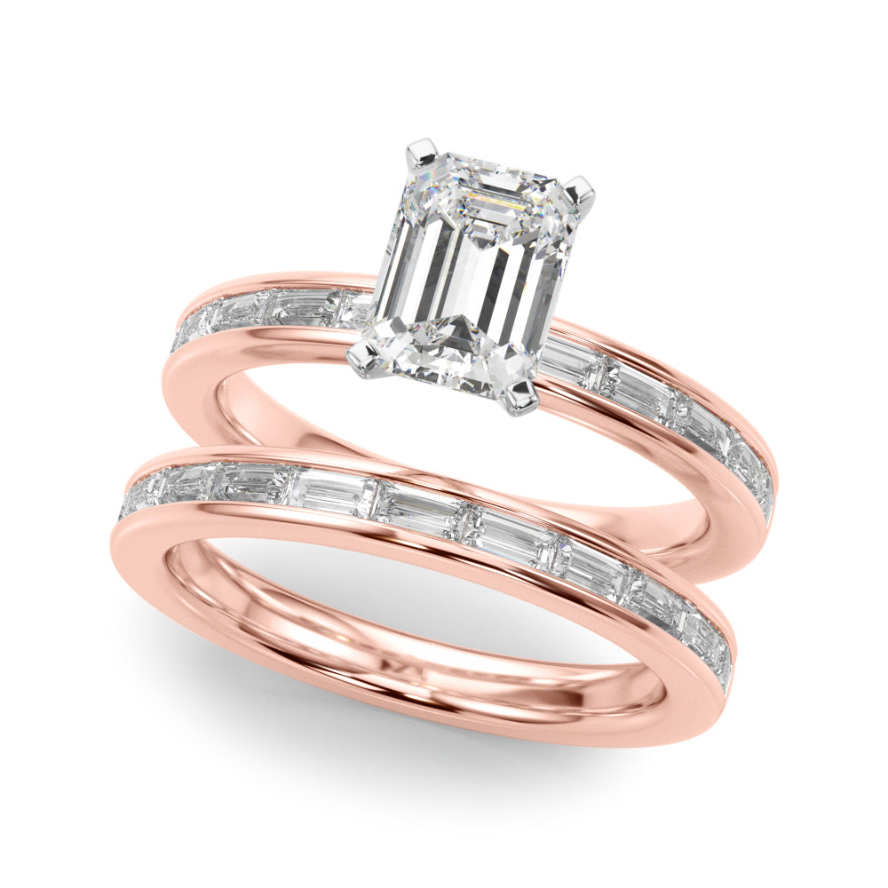 Crowned Straight Baguette Channel Set Round Diamond Engagement Ring — 9K/18K Gold & Platinum
