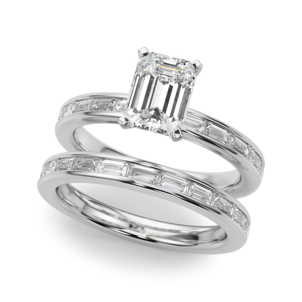 Crowned Straight Baguette Channel Set Round Diamond Engagement Ring — 9K/18K Gold & Platinum