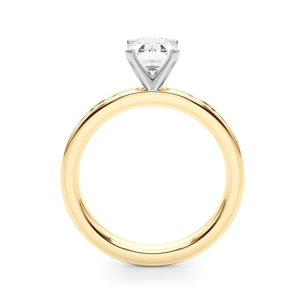 Crowned Straight Baguette Channel Set Round Diamond Engagement Ring — 9K/18K Gold & Platinum