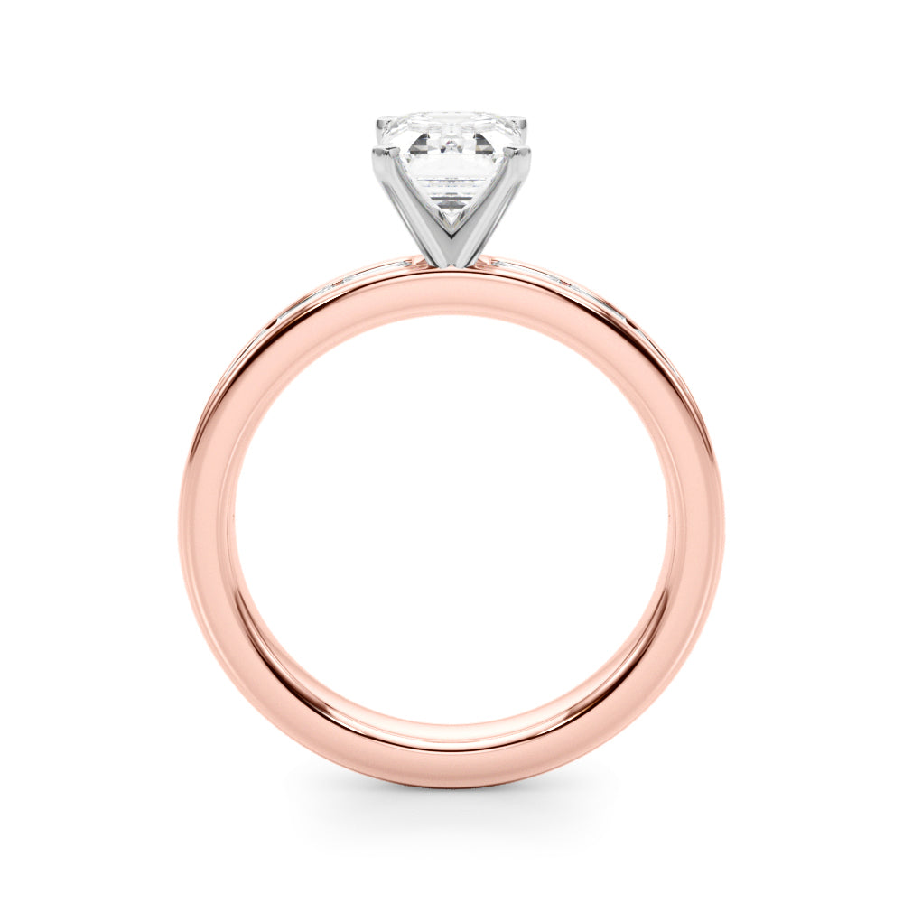 Crowned Straight Baguette Channel Set Round Diamond Engagement Ring — 9K/18K Gold & Platinum