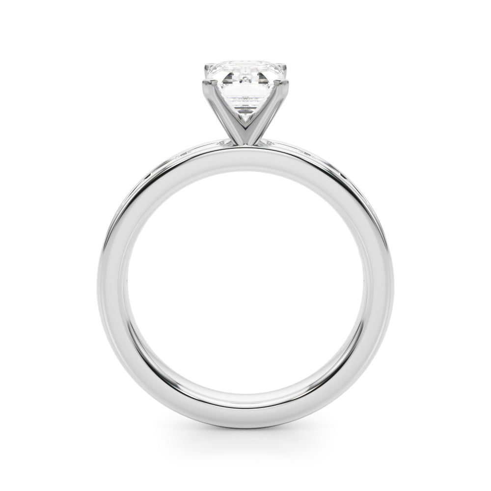 Crowned Straight Baguette Channel Set Round Diamond Engagement Ring — 9K/18K Gold & Platinum