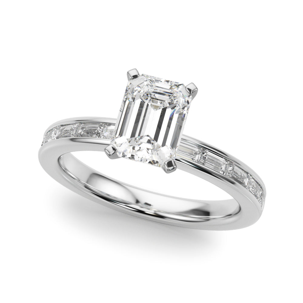 Crowned Straight Baguette Channel Set Round Diamond Engagement Ring — 9K/18K Gold & Platinum
