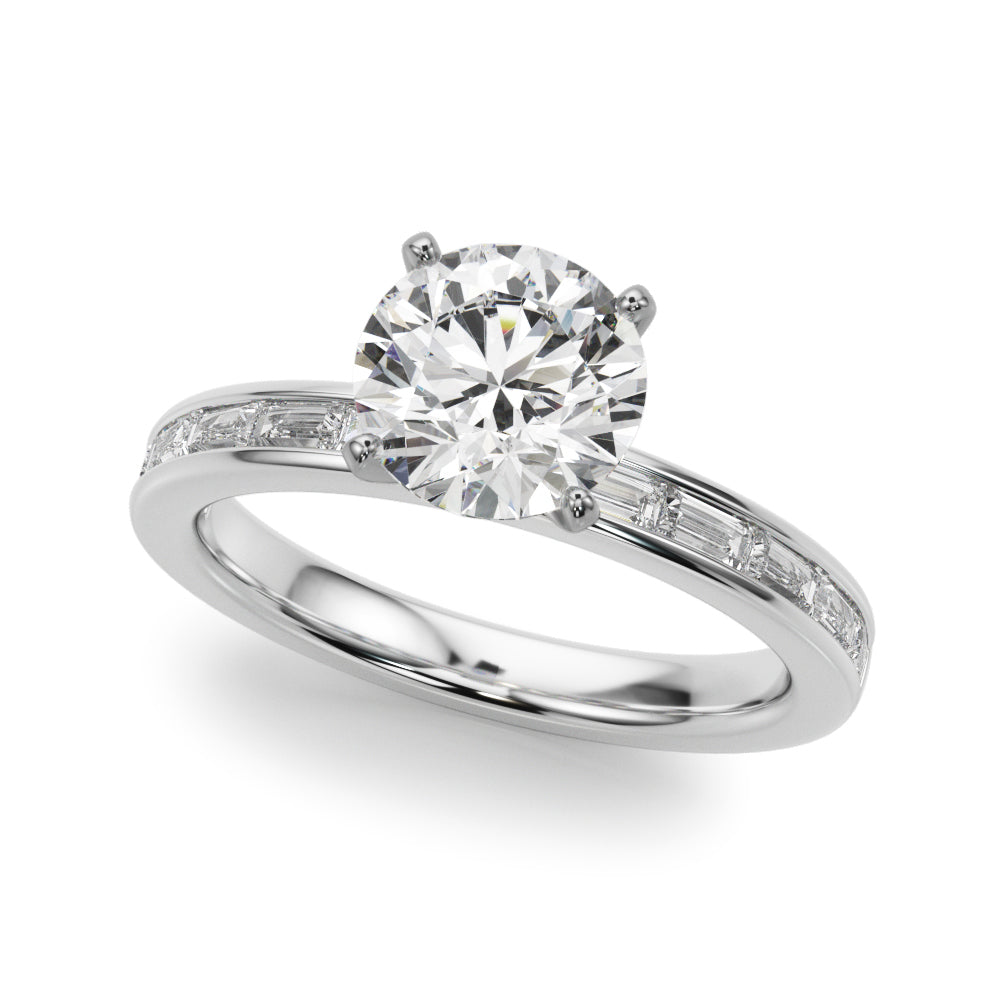 Crowned Straight Baguette Channel Set Round Diamond Engagement Ring — 9K/18K Gold & Platinum