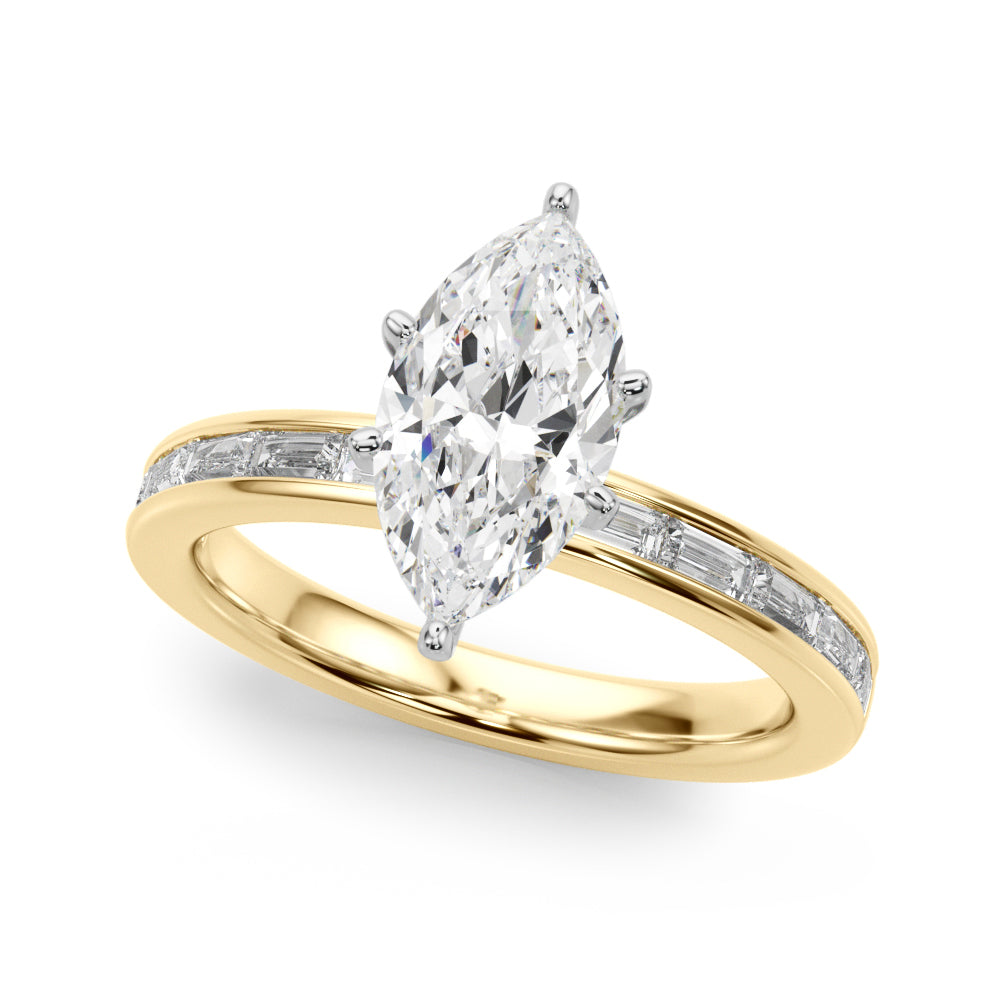 Crowned Straight Baguette Channel Set Round Diamond Engagement Ring — 9K/18K Gold & Platinum