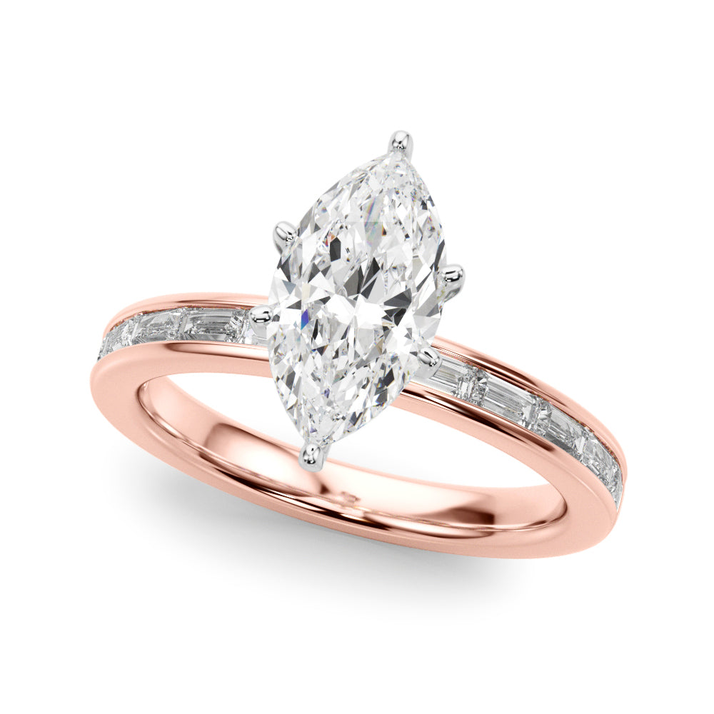 Crowned Straight Baguette Channel Set Round Diamond Engagement Ring — 9K/18K Gold & Platinum