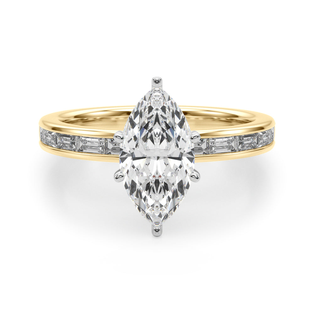 Crowned Straight Baguette Channel Set Round Diamond Engagement Ring — 9K/18K Gold & Platinum