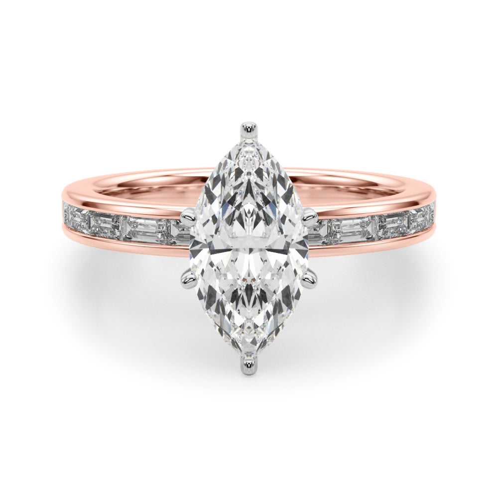 Crowned Straight Baguette Channel Set Round Diamond Engagement Ring — 9K/18K Gold & Platinum