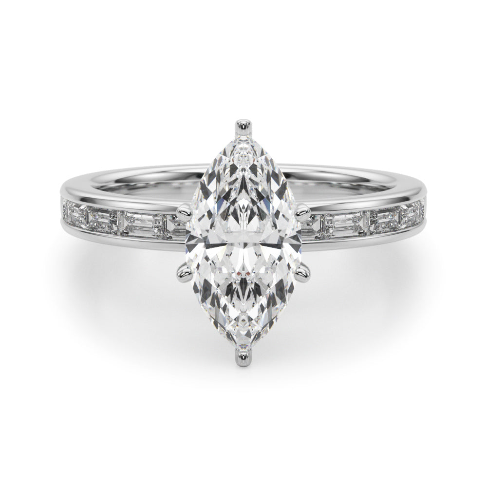 Crowned Straight Baguette Channel Set Round Diamond Engagement Ring — 9K/18K Gold & Platinum