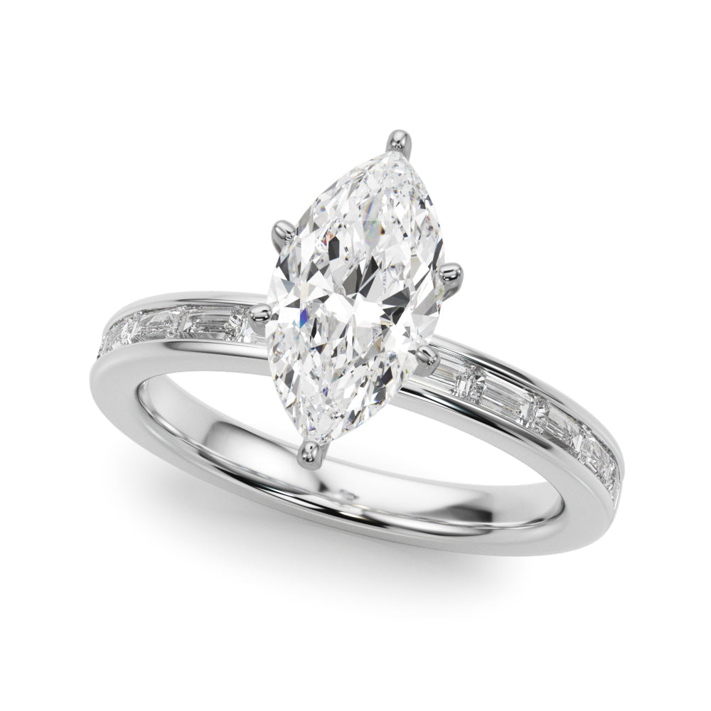 Crowned Straight Baguette Channel Set Round Diamond Engagement Ring — 9K/18K Gold & Platinum