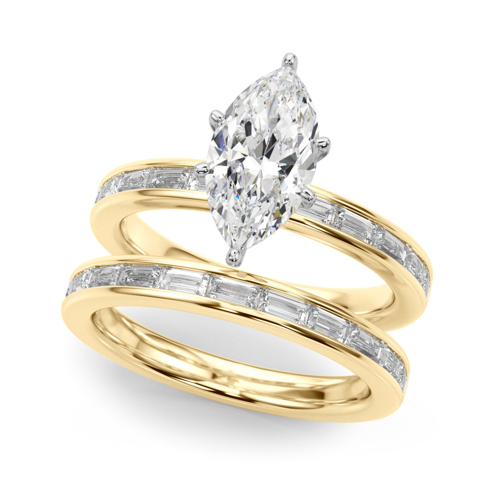 Crowned Straight Baguette Channel Set Round Diamond Engagement Ring — 9K/18K Gold & Platinum