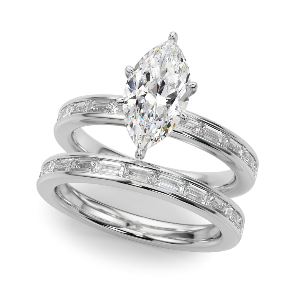 Crowned Straight Baguette Channel Set Round Diamond Engagement Ring — 9K/18K Gold & Platinum