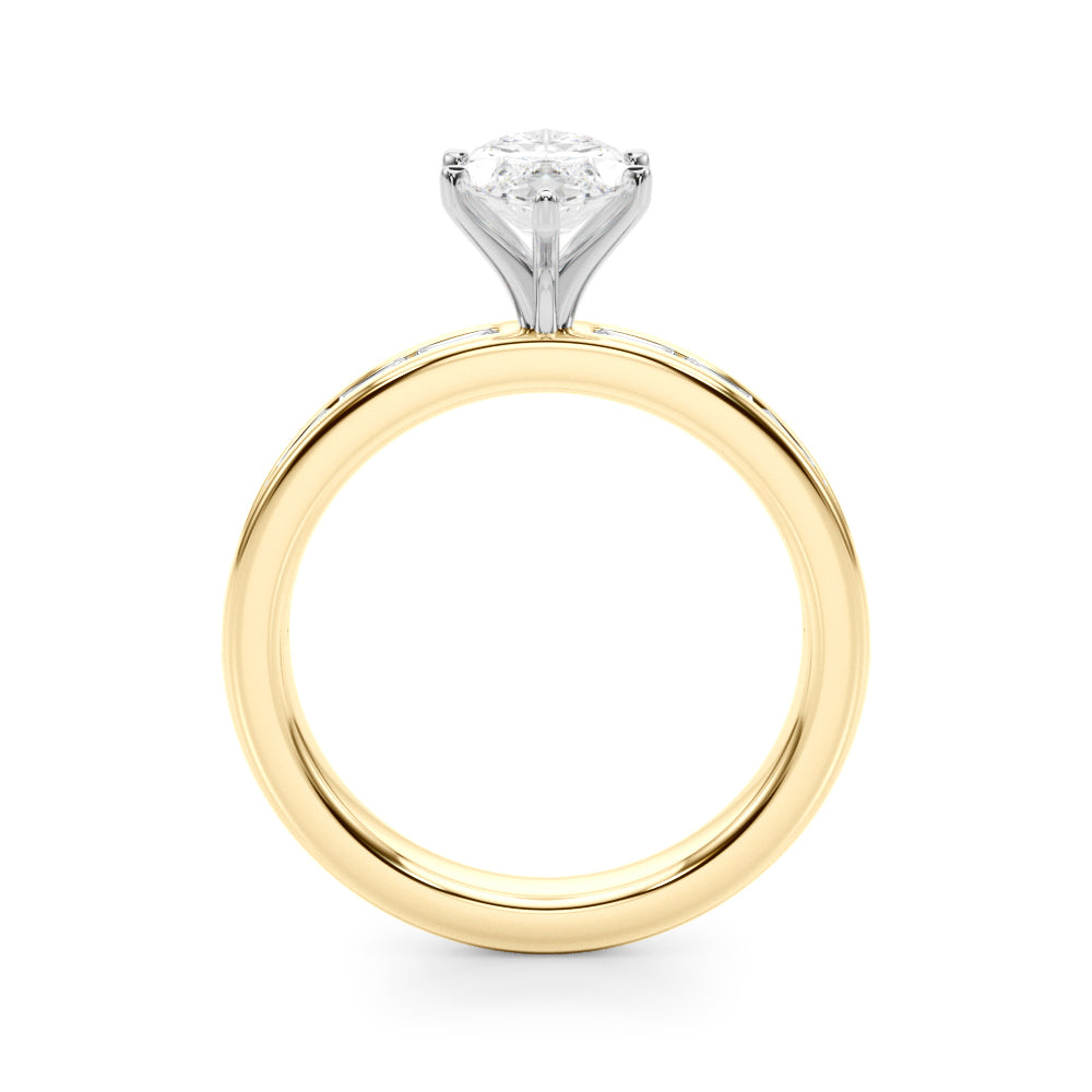 Crowned Straight Baguette Channel Set Round Diamond Engagement Ring — 9K/18K Gold & Platinum