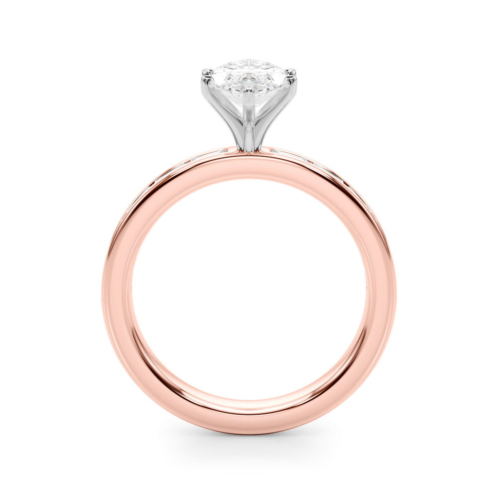 Crowned Straight Baguette Channel Set Round Diamond Engagement Ring — 9K/18K Gold & Platinum