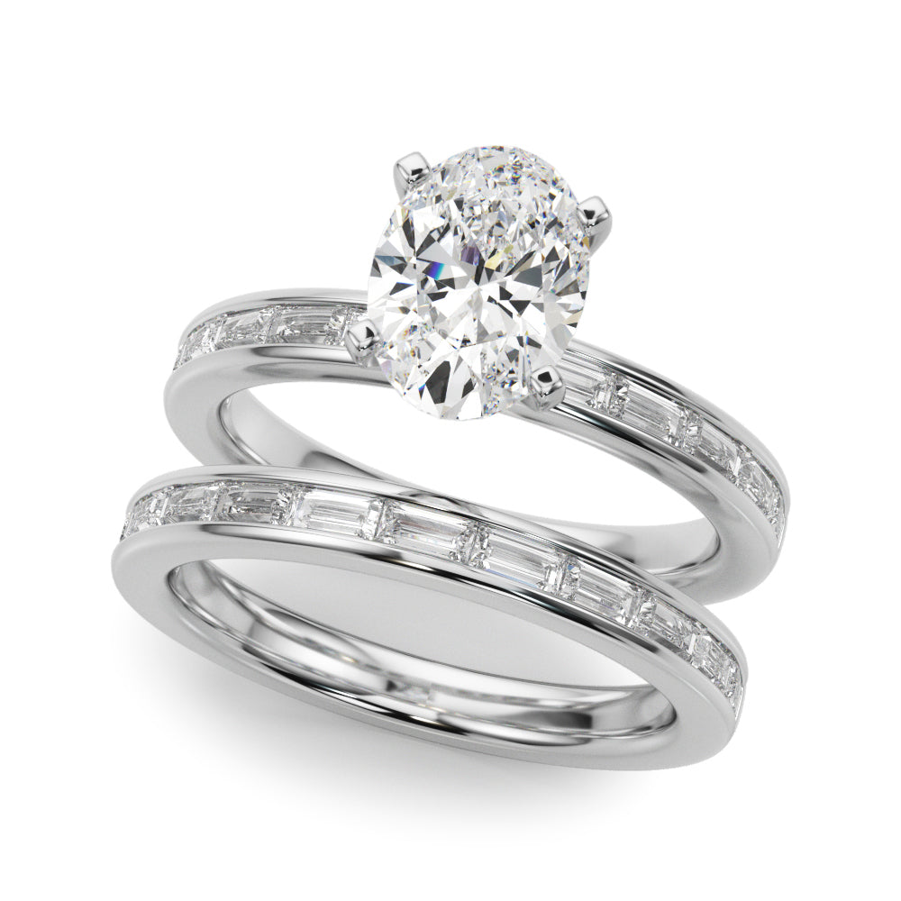 Crowned Straight Baguette Channel Set Round Diamond Engagement Ring — 9K/18K Gold & Platinum