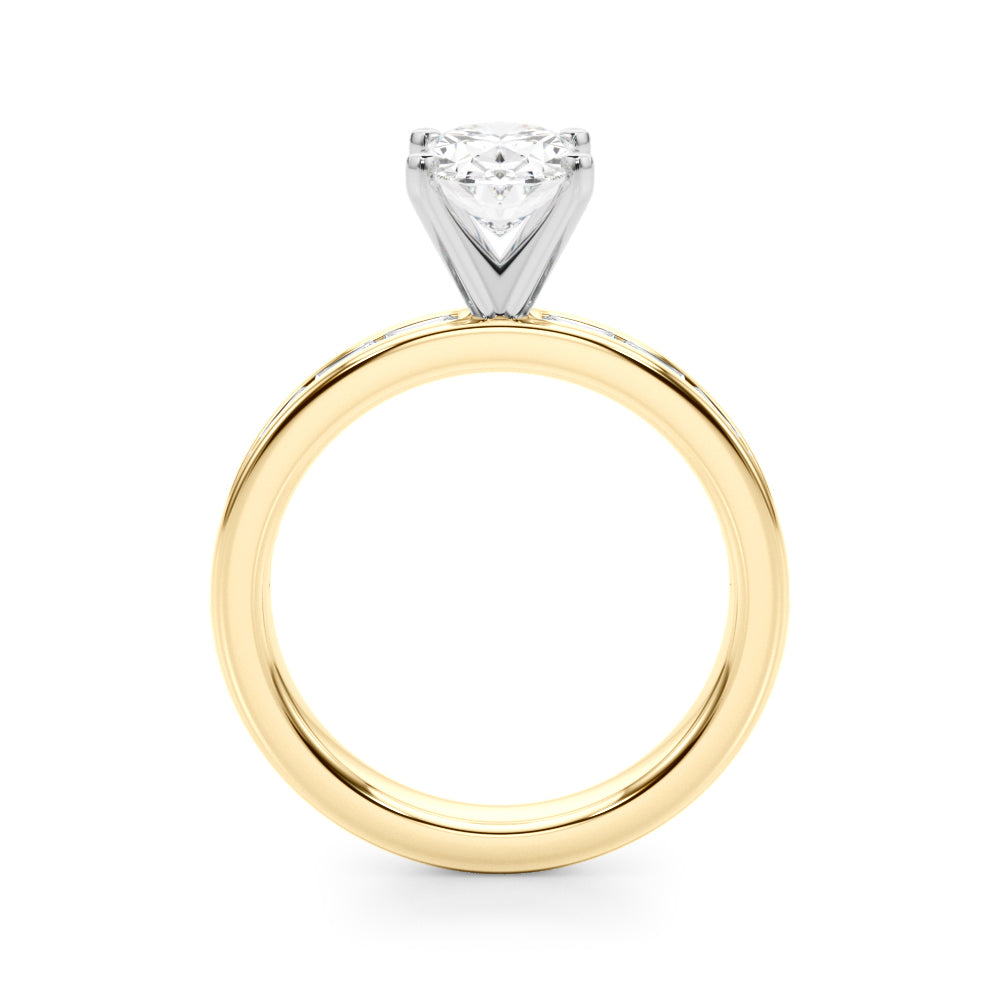 Crowned Straight Baguette Channel Set Round Diamond Engagement Ring — 9K/18K Gold & Platinum