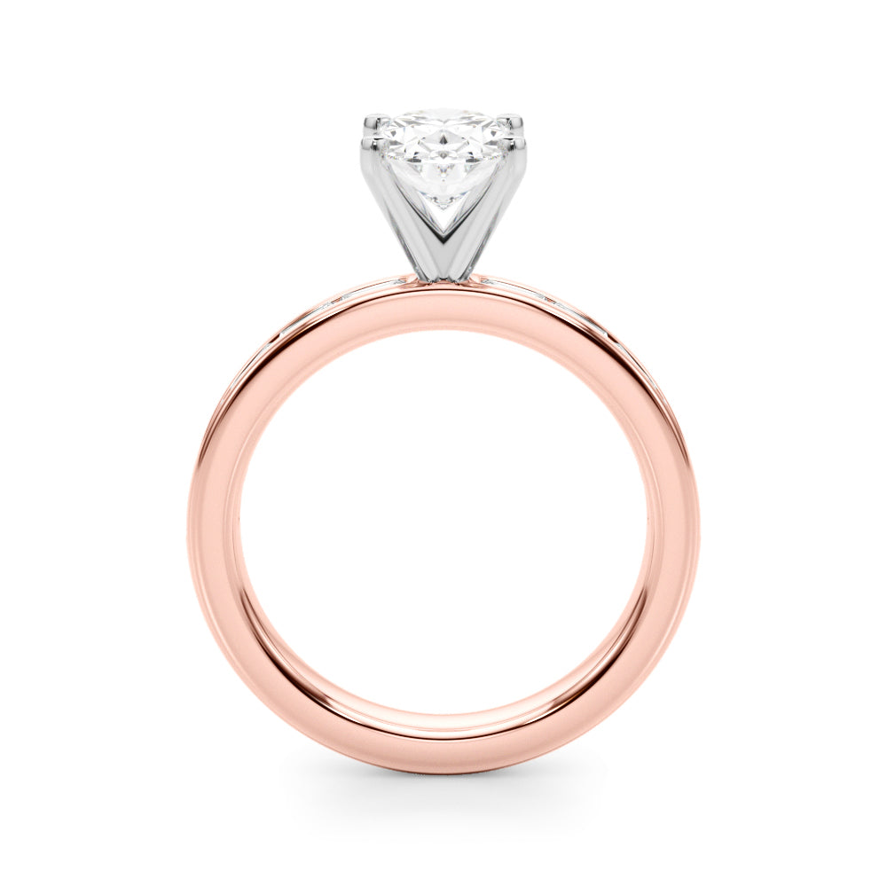 Crowned Straight Baguette Channel Set Round Diamond Engagement Ring — 9K/18K Gold & Platinum