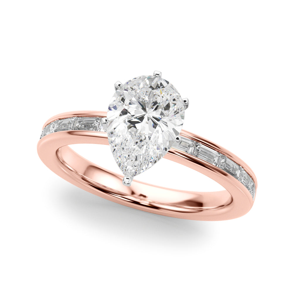Crowned Straight Baguette Channel Set Round Diamond Engagement Ring — 9K/18K Gold & Platinum