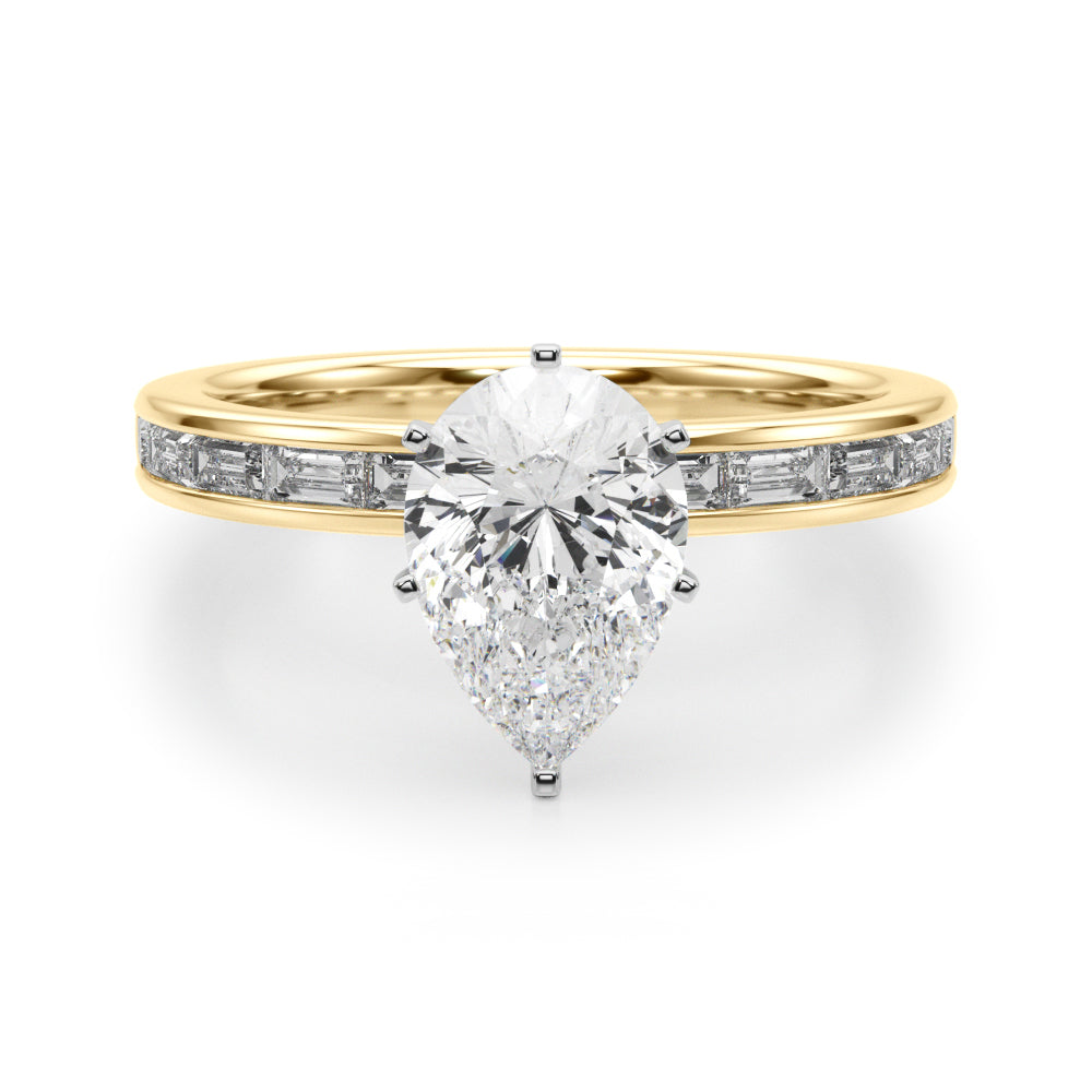 Crowned Straight Baguette Channel Set Round Diamond Engagement Ring — 9K/18K Gold & Platinum