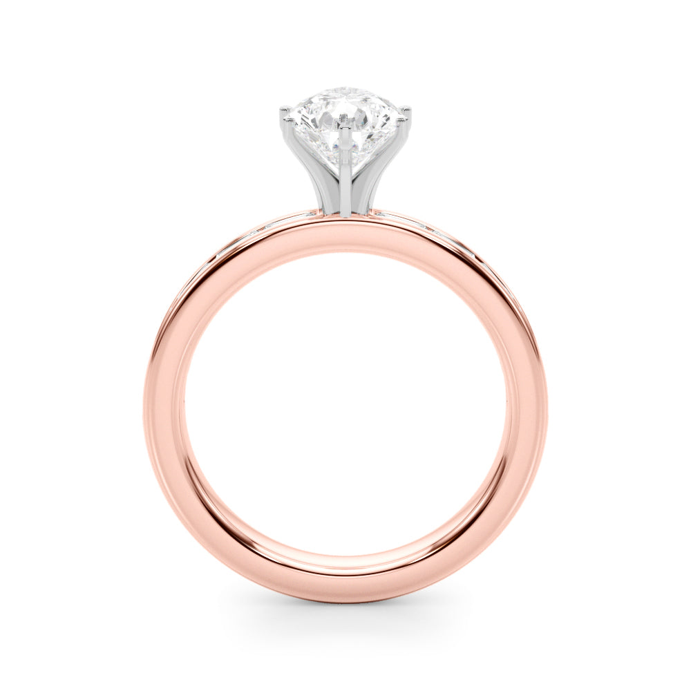Crowned Straight Baguette Channel Set Round Diamond Engagement Ring — 9K/18K Gold & Platinum
