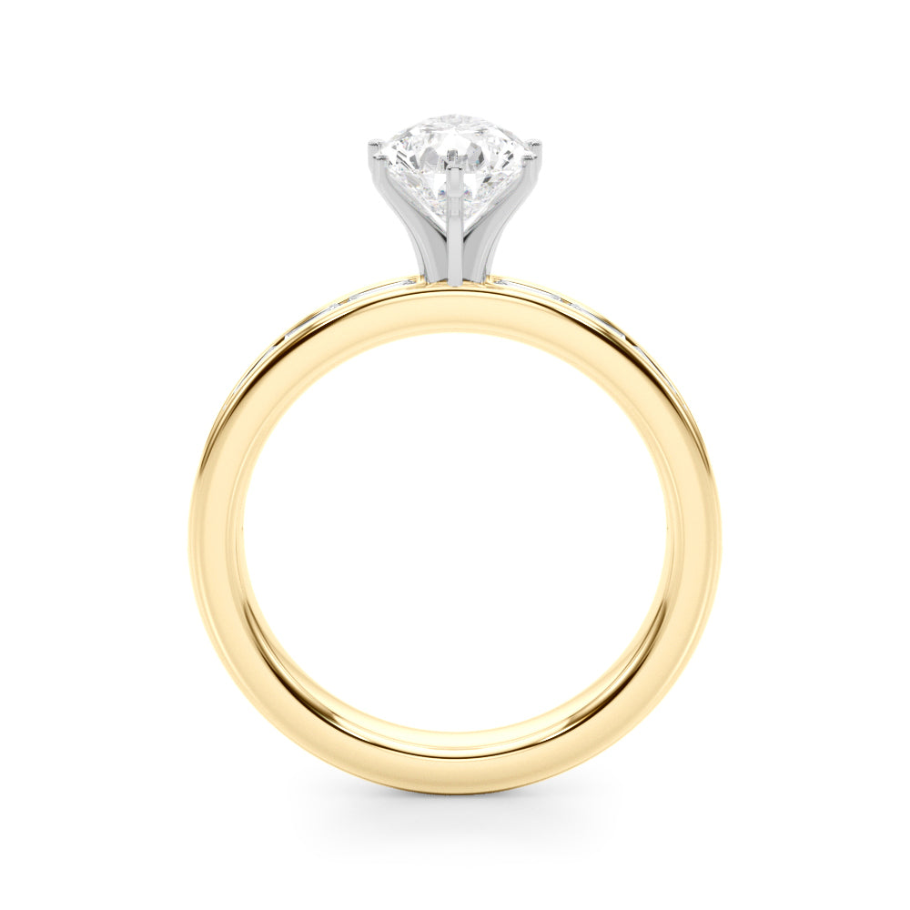 Crowned Straight Baguette Channel Set Round Diamond Engagement Ring — 9K/18K Gold & Platinum