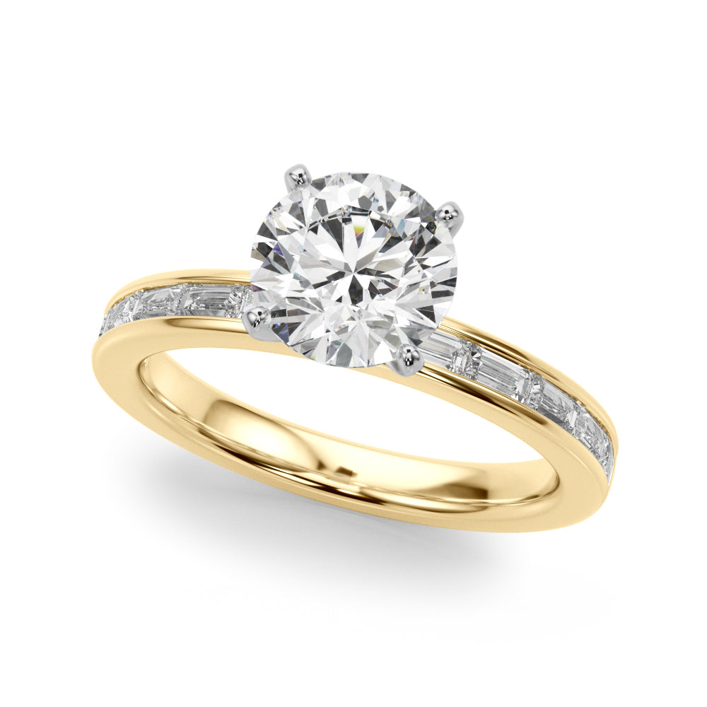 Crowned Straight Baguette Channel Set Round Diamond Engagement Ring — 9K/18K Gold & Platinum