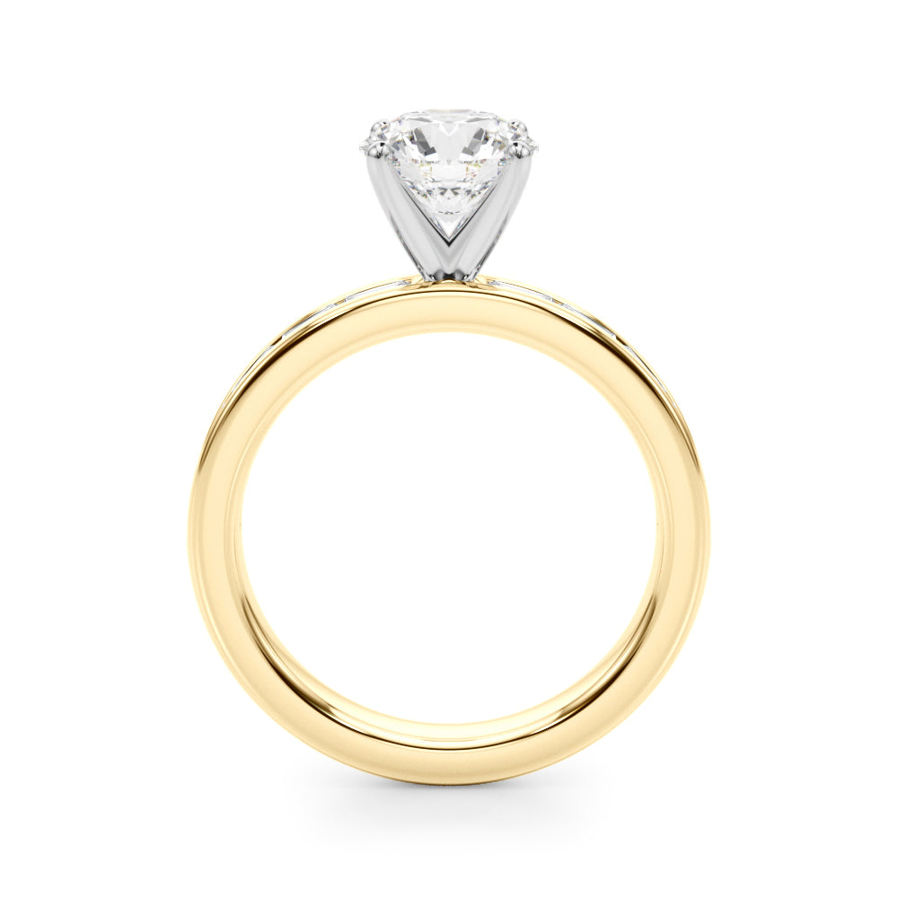 Crowned Straight Baguette Channel Set Round Diamond Engagement Ring — 9K/18K Gold & Platinum