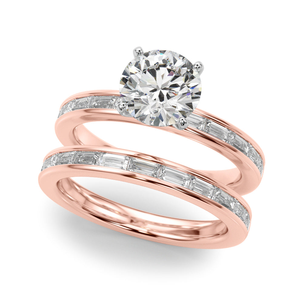 Crowned Straight Baguette Channel Set Round Diamond Engagement Ring — 9K/18K Gold & Platinum