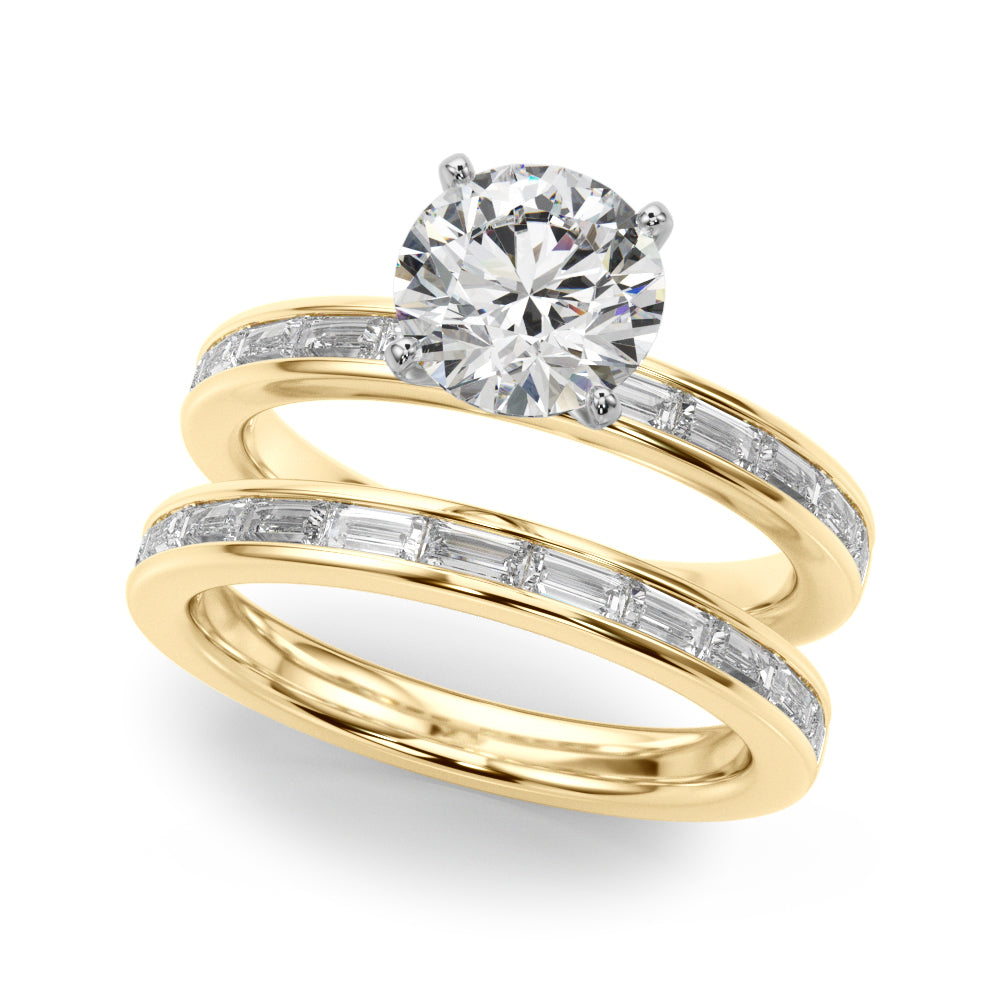 Crowned Straight Baguette Channel Set Round Diamond Engagement Ring — 9K/18K Gold & Platinum