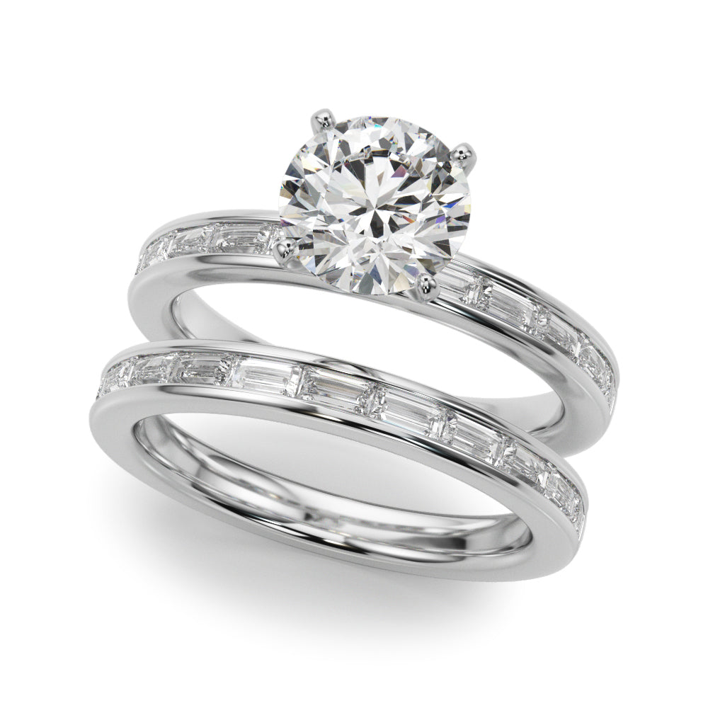 Crowned Straight Baguette Channel Set Round Diamond Engagement Ring — 9K/18K Gold & Platinum