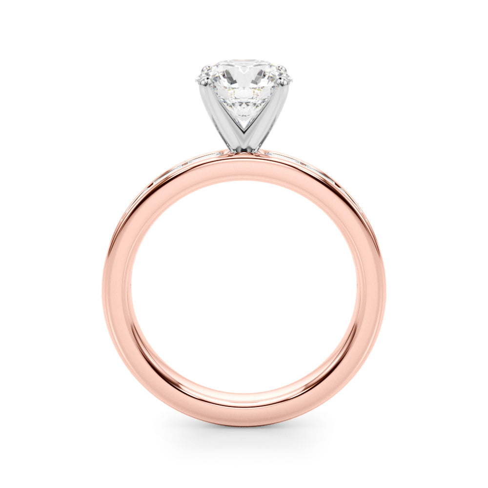 Crowned Straight Baguette Channel Set Round Diamond Engagement Ring — 9K/18K Gold & Platinum