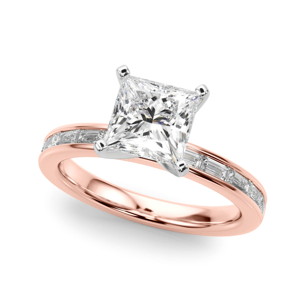 Crowned Straight Baguette Channel Set Round Diamond Engagement Ring — 9K/18K Gold & Platinum
