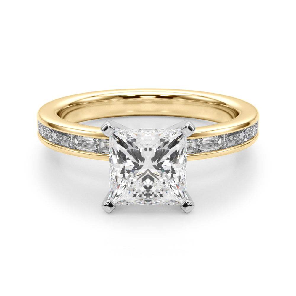Crowned Straight Baguette Channel Set Round Diamond Engagement Ring — 9K/18K Gold & Platinum