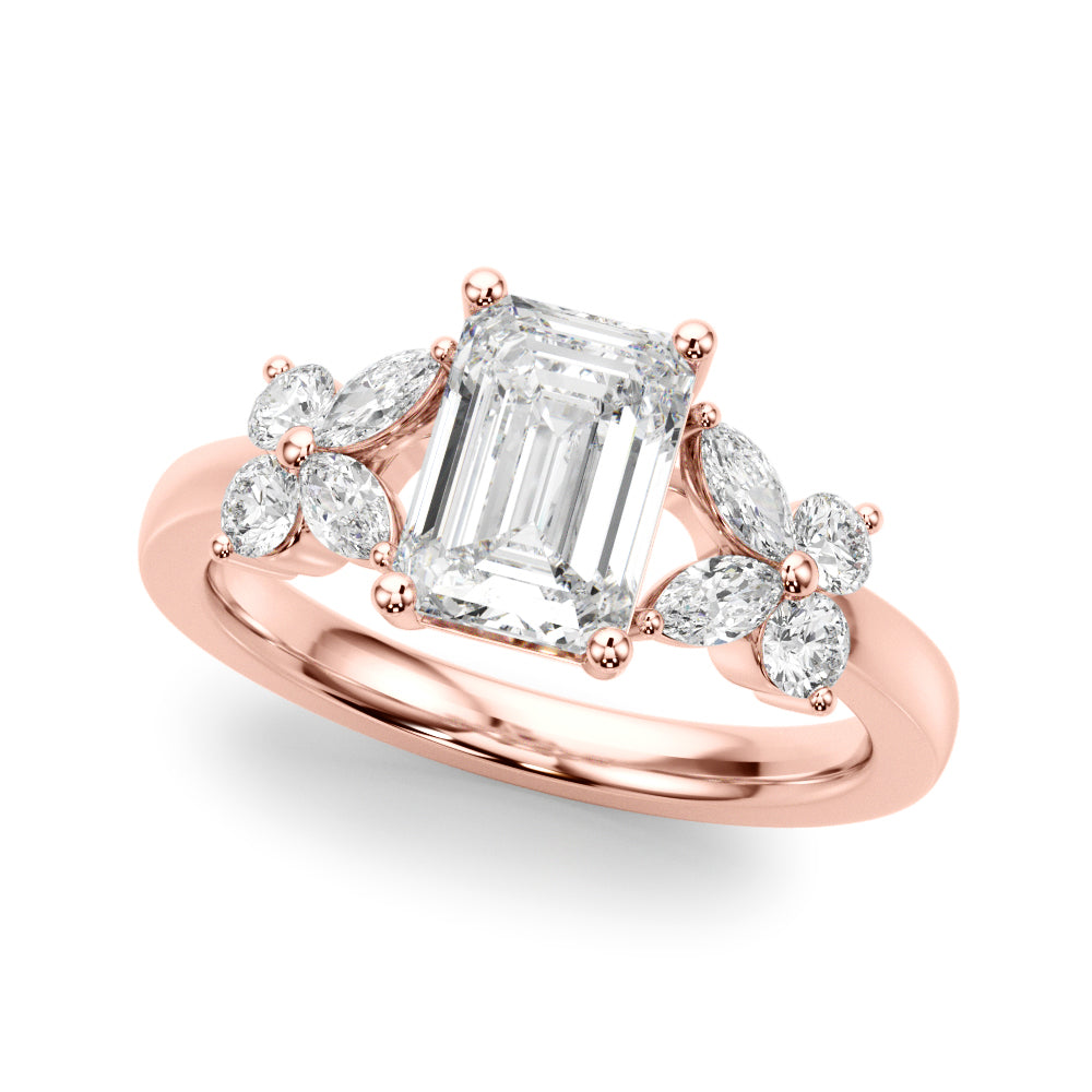 Crowned Ec Center Mq & Rd Sides Emerald Diamond Engagement Ring — 9K/18K Gold & Platinum
