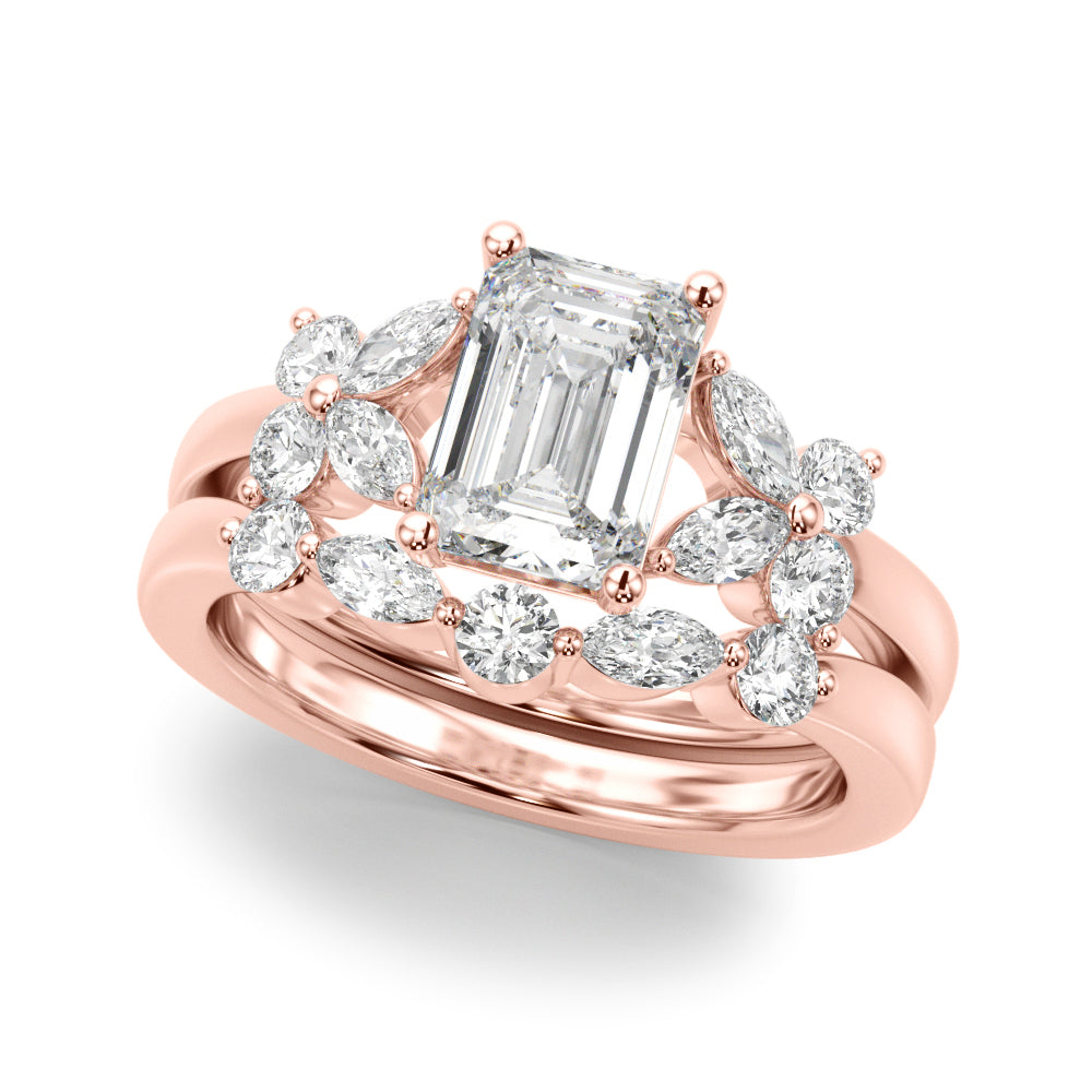 Crowned Ec Center Mq & Rd Sides Emerald Diamond Engagement Ring — 9K/18K Gold & Platinum