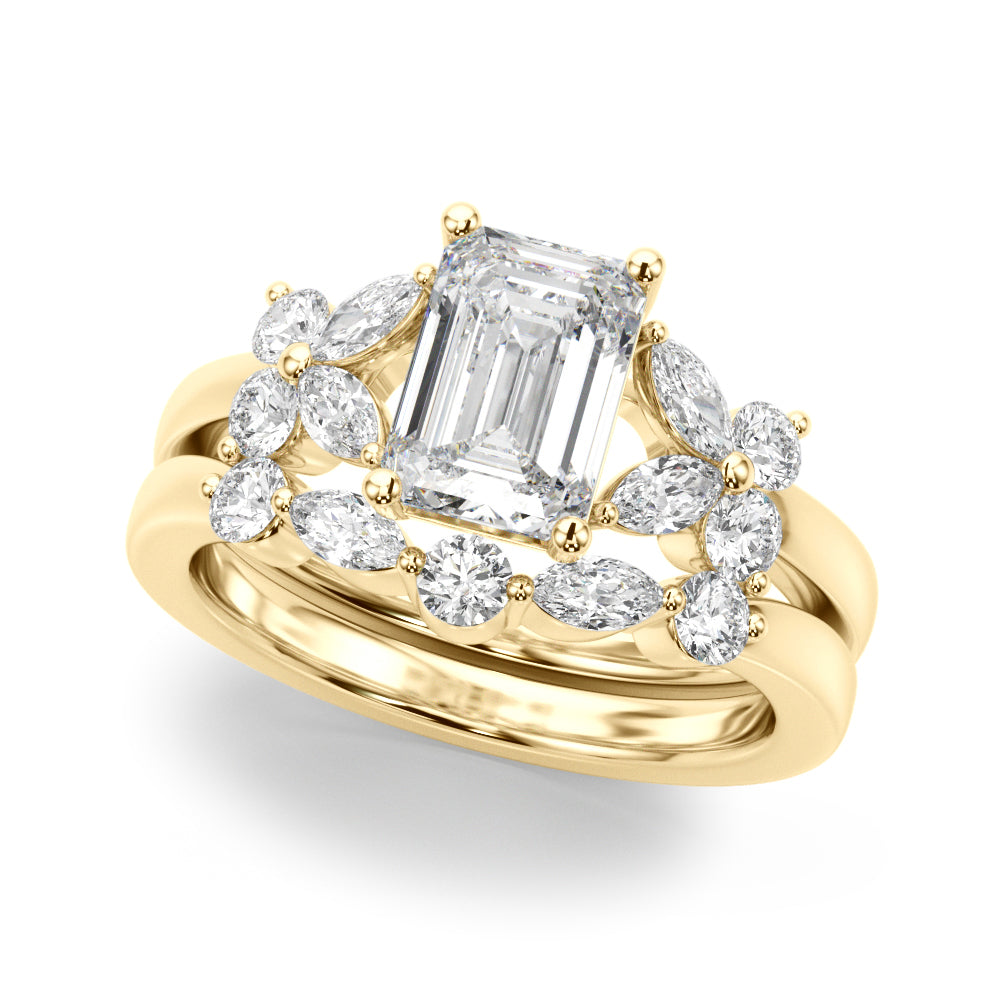 Crowned Ec Center Mq & Rd Sides Emerald Diamond Engagement Ring — 9K/18K Gold & Platinum