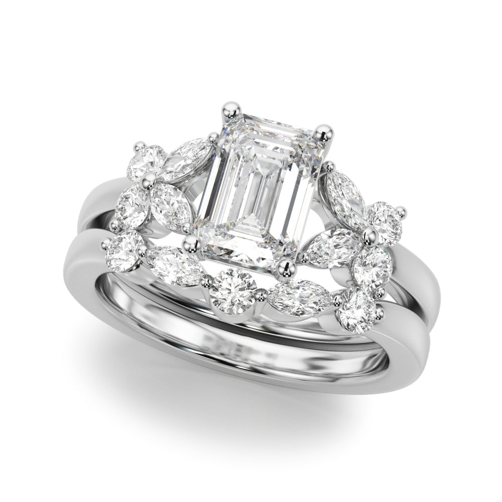 Crowned Ec Center Mq & Rd Sides Emerald Diamond Engagement Ring — 9K/18K Gold & Platinum