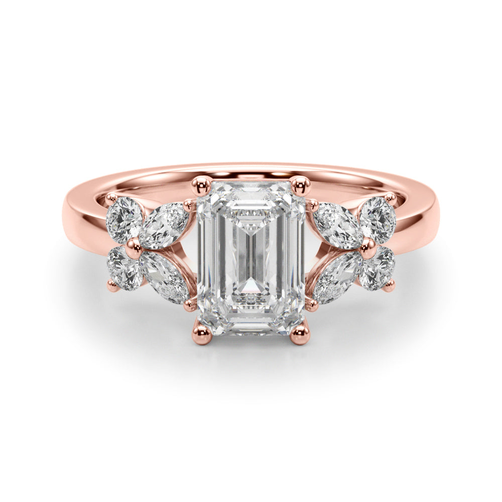 Crowned Ec Center Mq & Rd Sides Emerald Diamond Engagement Ring — 9K/18K Gold & Platinum