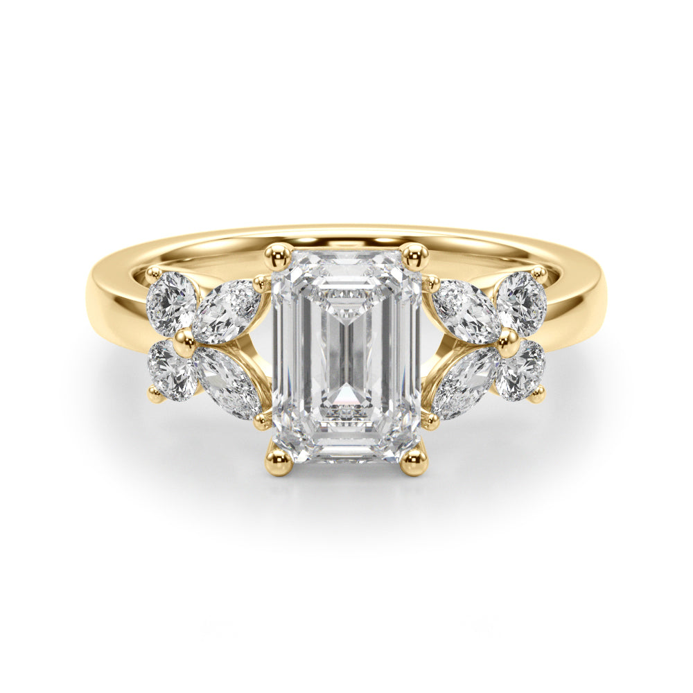 Crowned Ec Center Mq & Rd Sides Emerald Diamond Engagement Ring — 9K/18K Gold & Platinum