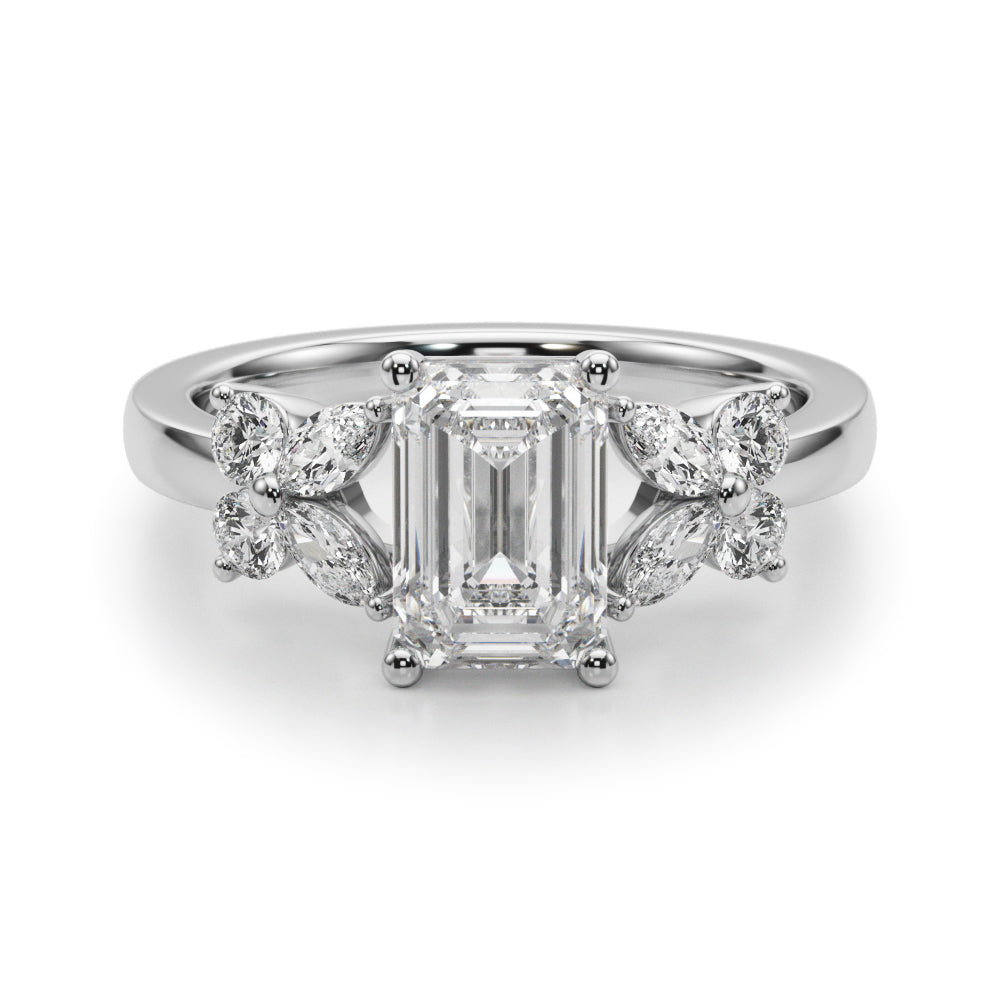 Crowned Ec Center Mq & Rd Sides Emerald Diamond Engagement Ring — 9K/18K Gold & Platinum