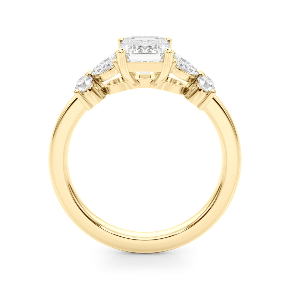 Crowned Ec Center Mq & Rd Sides Emerald Diamond Engagement Ring — 9K/18K Gold & Platinum